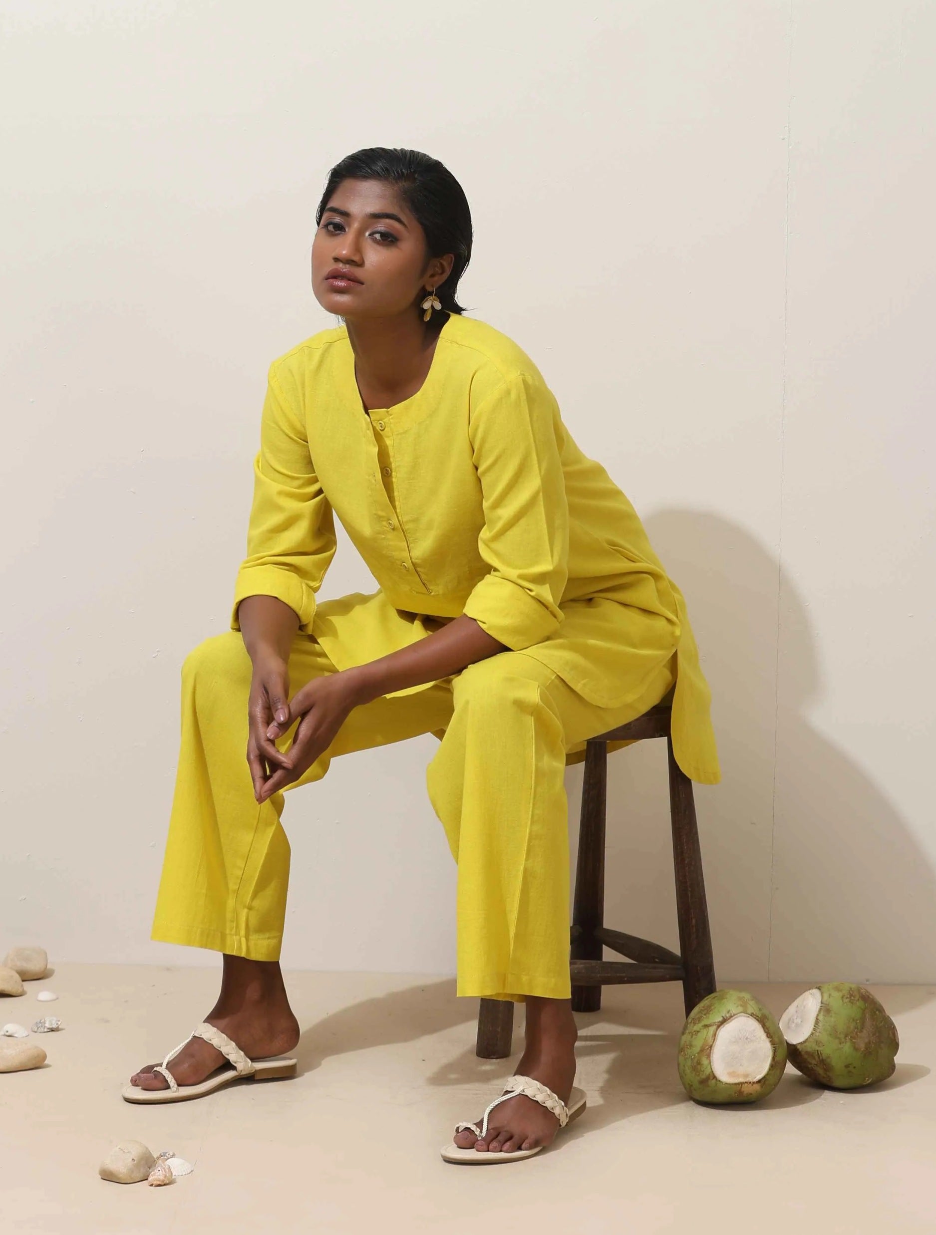 trueBrowns Lime Cotton Linen Kurta Co-Ord Set - Distacart