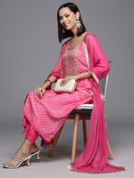 Thumbnail for Varanga Women Women Pink Bandhani Printed Straight Kurta Paired With Tonal Bottom And Dupatta - Distacart
