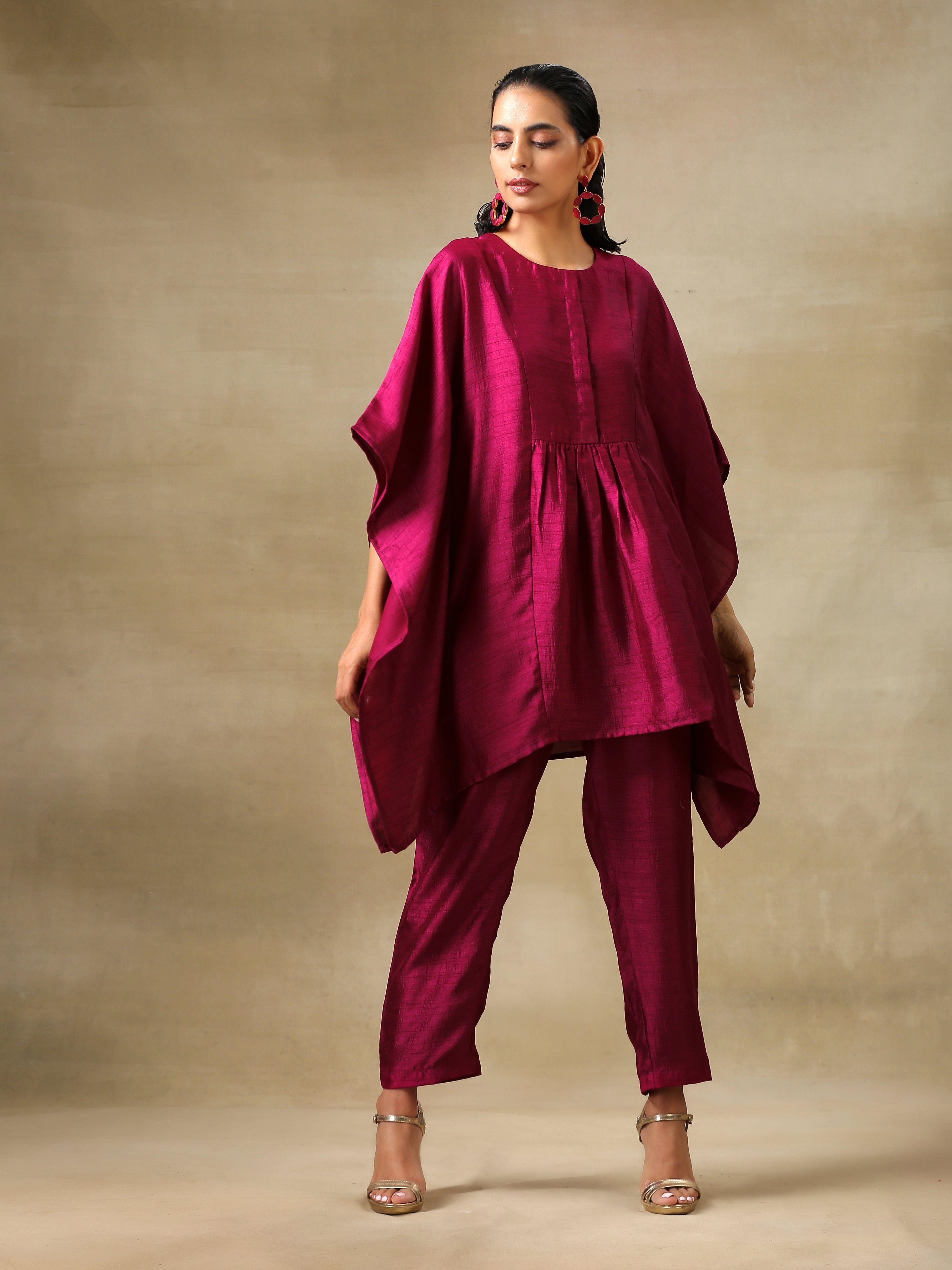 trueBrowns Purple Textured Silk Gathered Kaftan Co-Ord Set - Distacart
