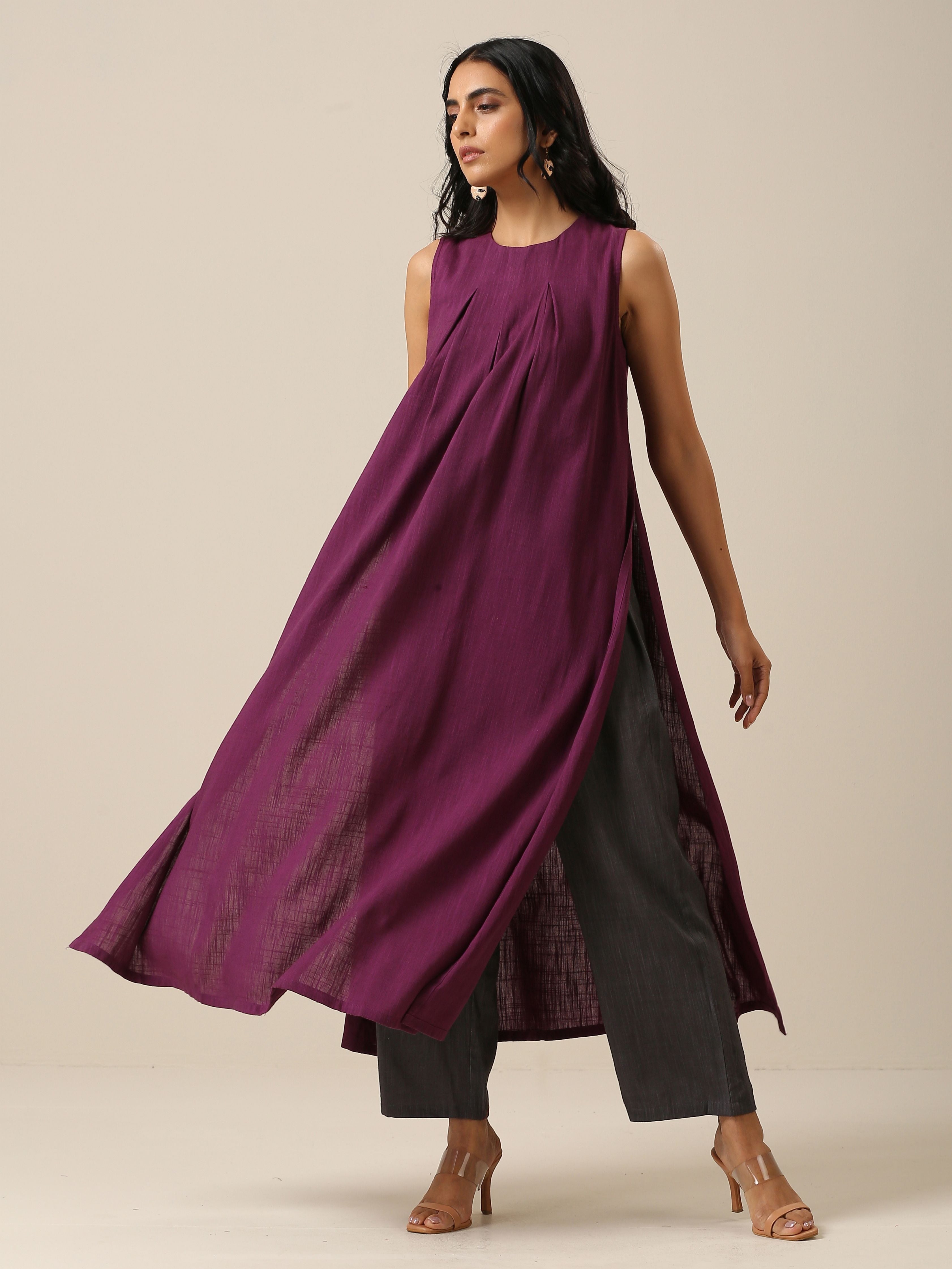 trueBrowns Plum Purple Slub Texture Sleeveless Kurta Pant Set - Distacart