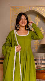 Thumbnail for Pomcha Jaipur Gaurangi Green Embroidery Cotton Anarkali Set