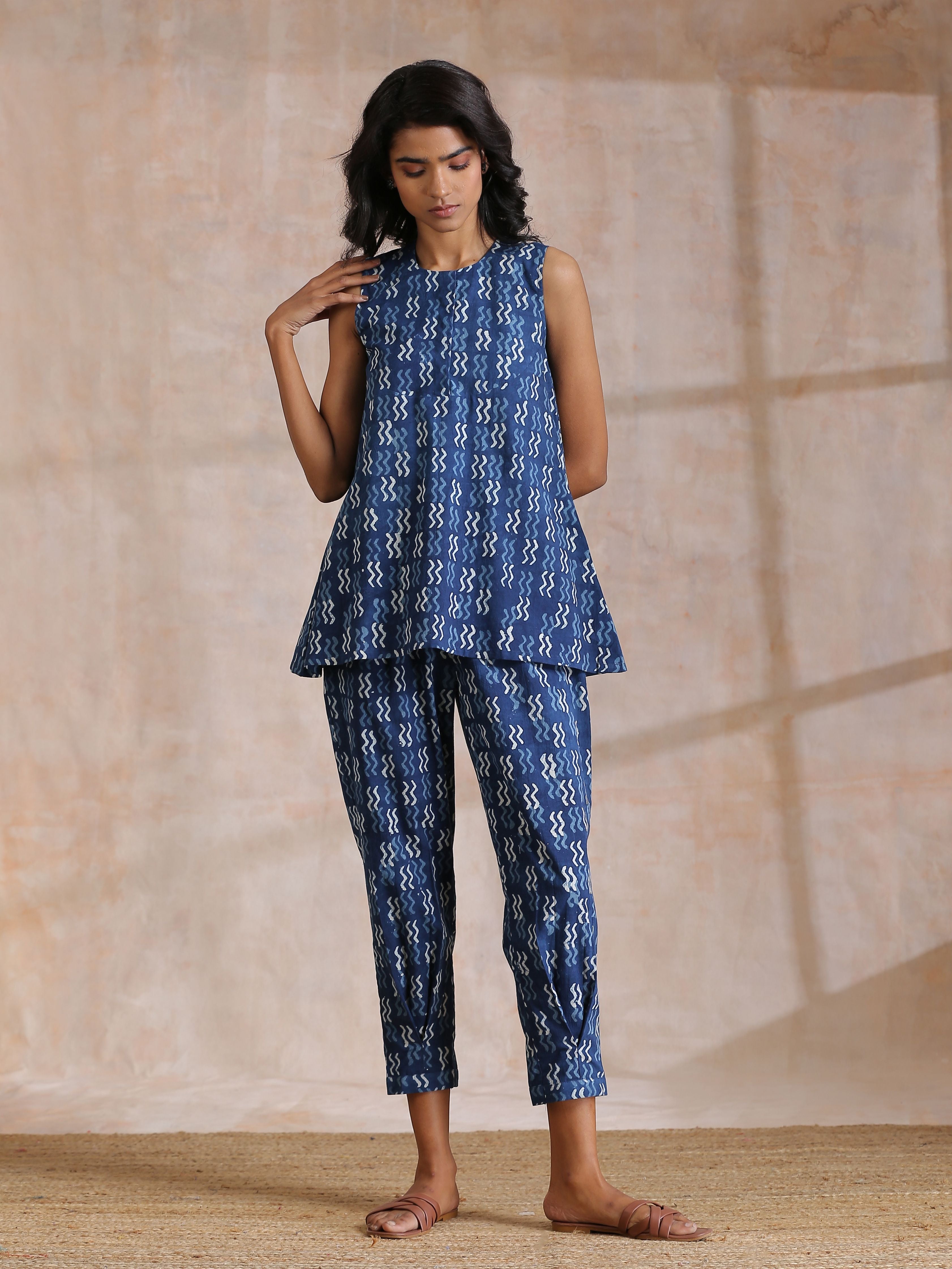 trueBrowns Indigo Dabu Zig-Zag Motifs Print Cotton Sleeveless Co-Ord Set - Distacart