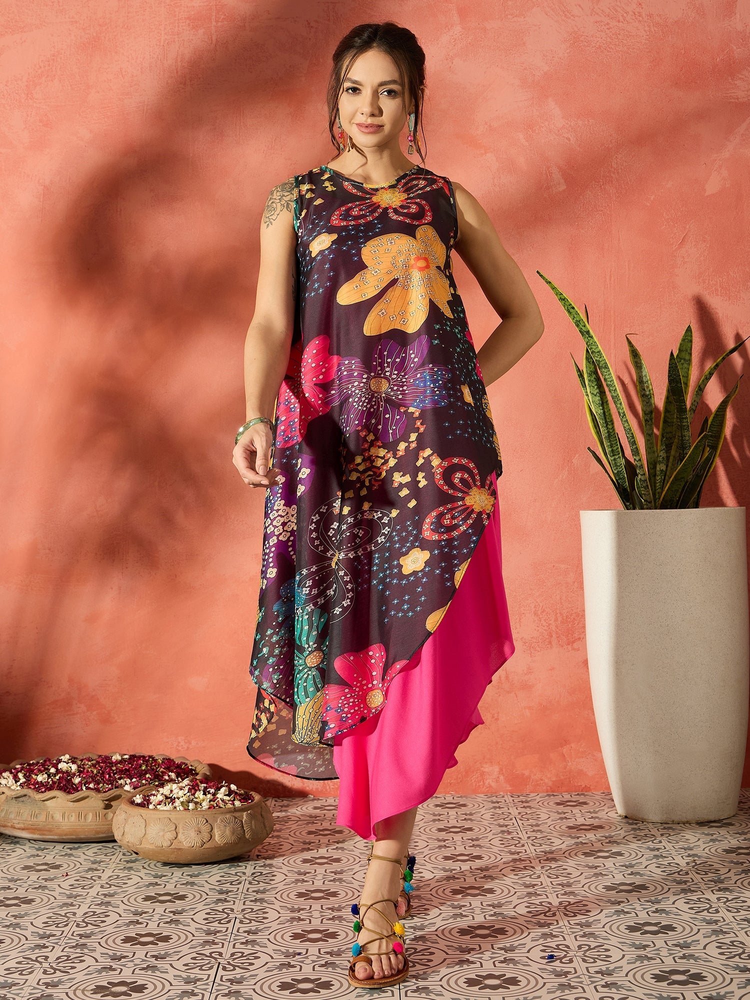 InWeave Black Floral Fuchsia Asymmetrical Dress - Distacart