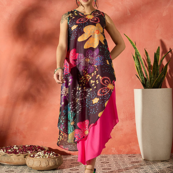 InWeave Black Floral Fuchsia Asymmetrical Dress - Distacart