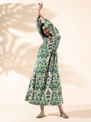 trueBrowns Green Cotton Ikat Flared Dress - Distacart