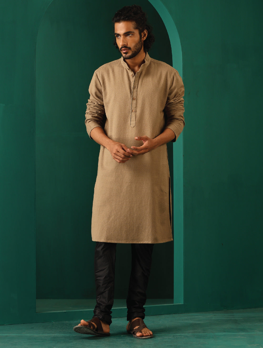 trueBrowns Men's Beige Dobby Textured Kurta - Distacart