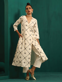 Thumbnail for trueBrowns Ivory Rhombus Cotton Angrakha Kurta Pant Set - Distacart