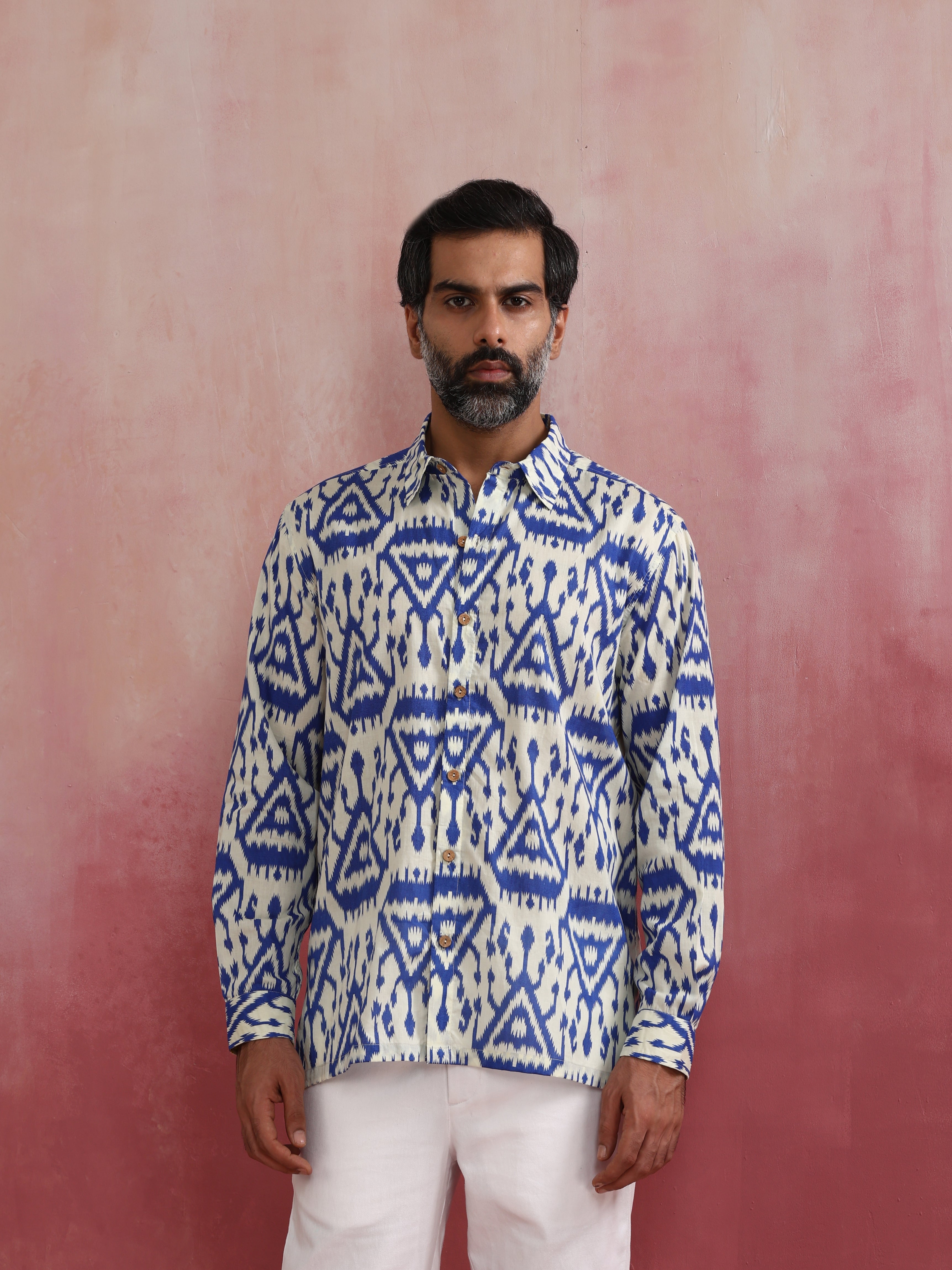 trueBrowns Men's Blue Ikat Print Cambric Shirt - Distacart