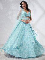 Thumbnail for House of Panchhi Turquoise Blue Georgette Sequins And Thread Embroidery Lehenga Choli & Dupatta - Distacart
