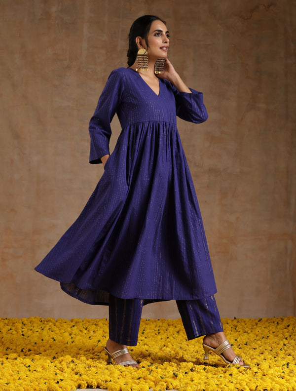 trueBrowns Spectrum Blue Gold Cotton Kalidar Kurta Set - Distacart