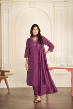 Thumbnail for BulBul Nakshatra Wine Silk Kurta Set with Dupatta