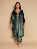 Thumbnail for trueBrowns Olive Green Velvet Embroidered Kaftan Kurta Set