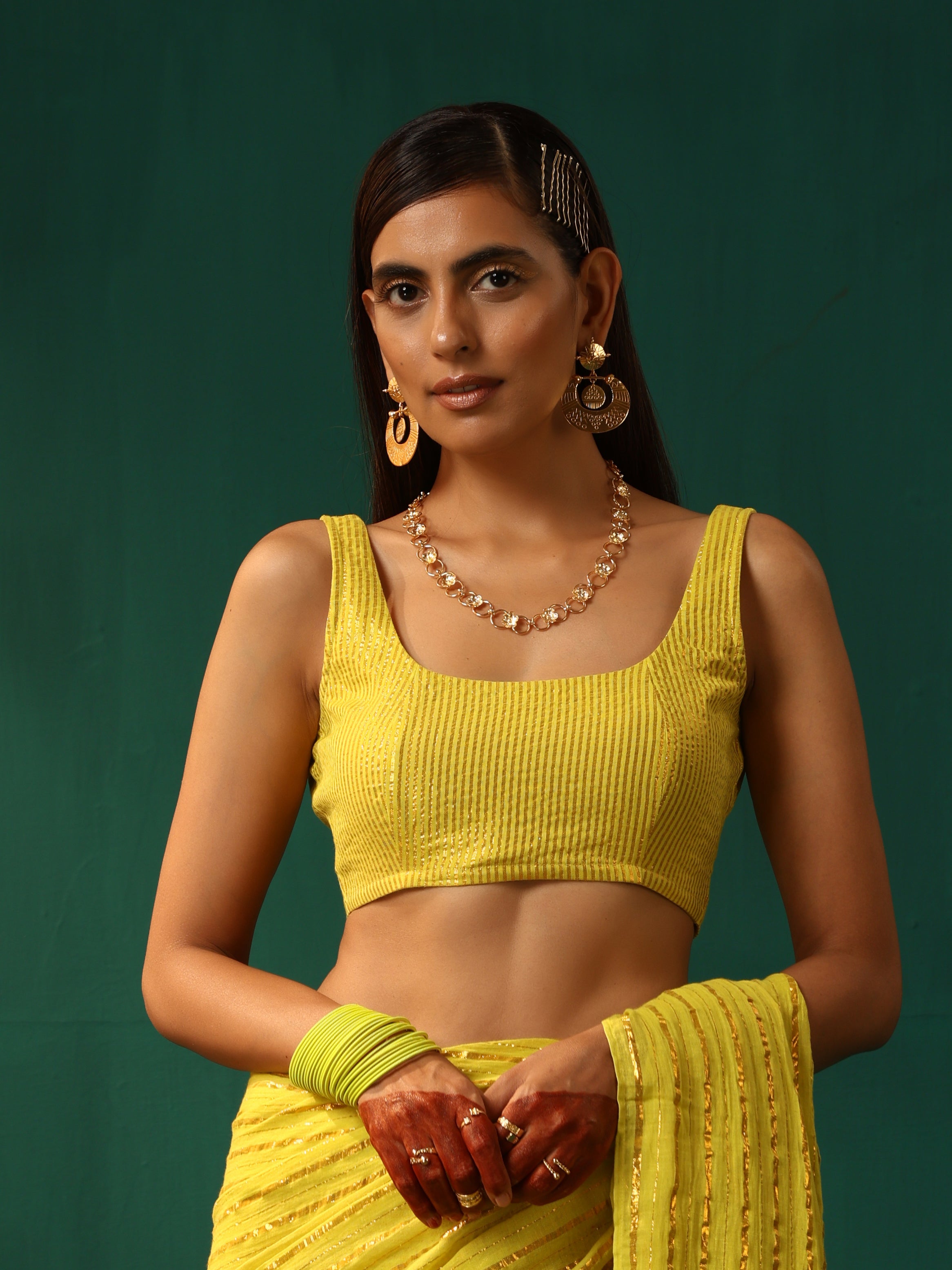 trueBrowns Lime Cotton Gold Lurex Scoop Neck Sleeveless Blouse - Distacart