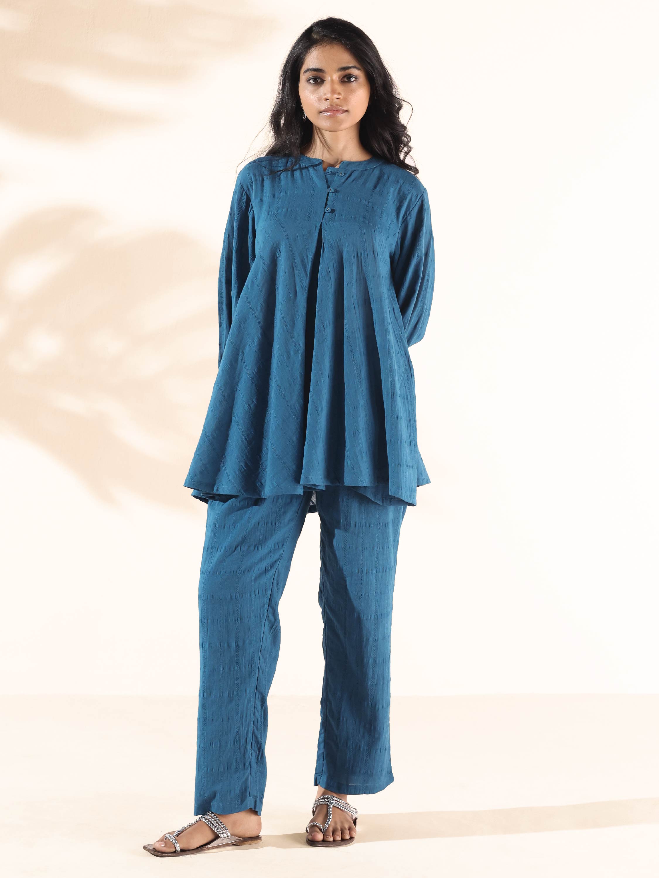 trueBrowns Blue Cotton Dobby Yoke Co-ord Set - Distacart