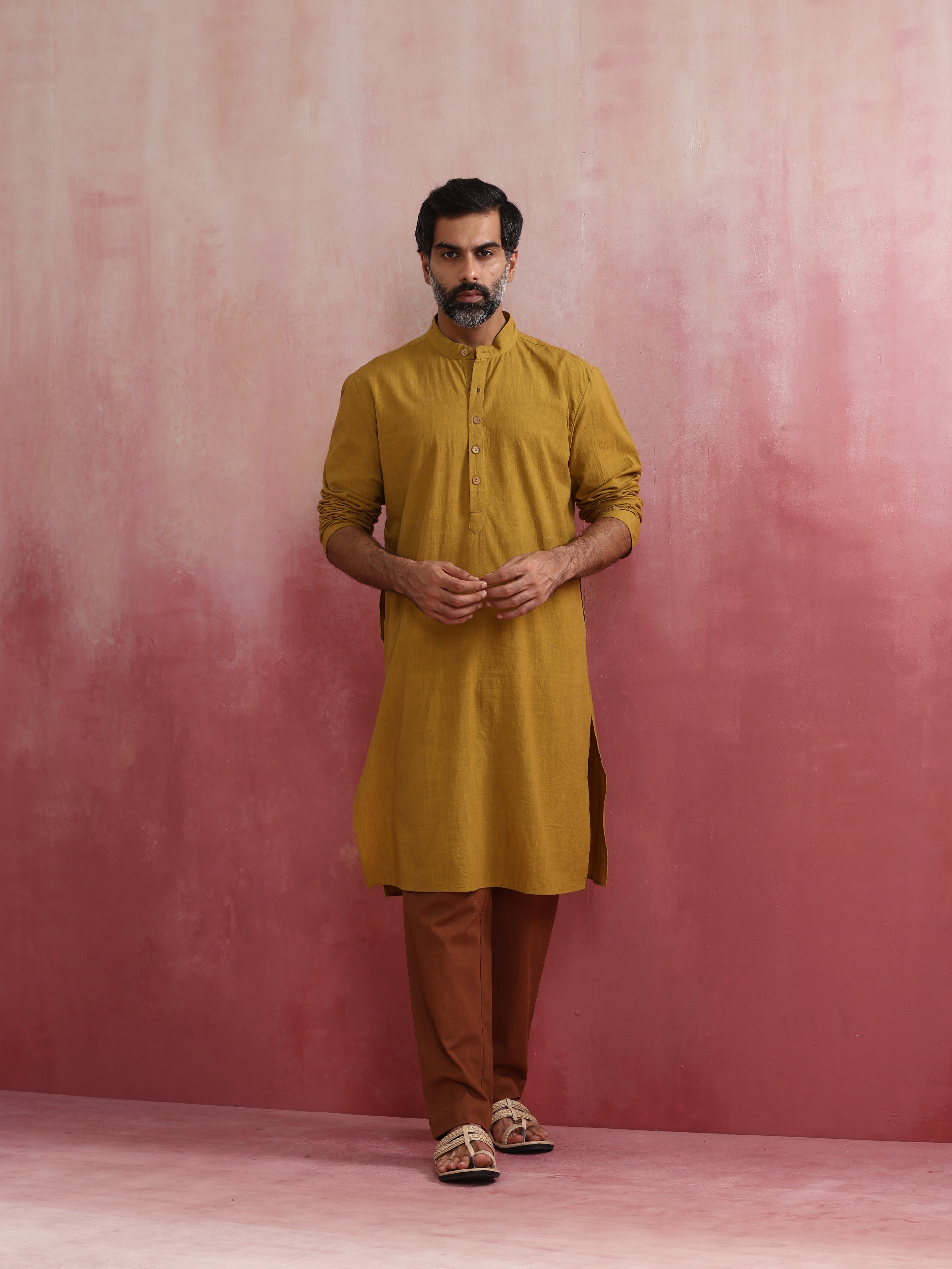 trueBrowns Men's Mustard Mandarin Collar Kurta - Distacart