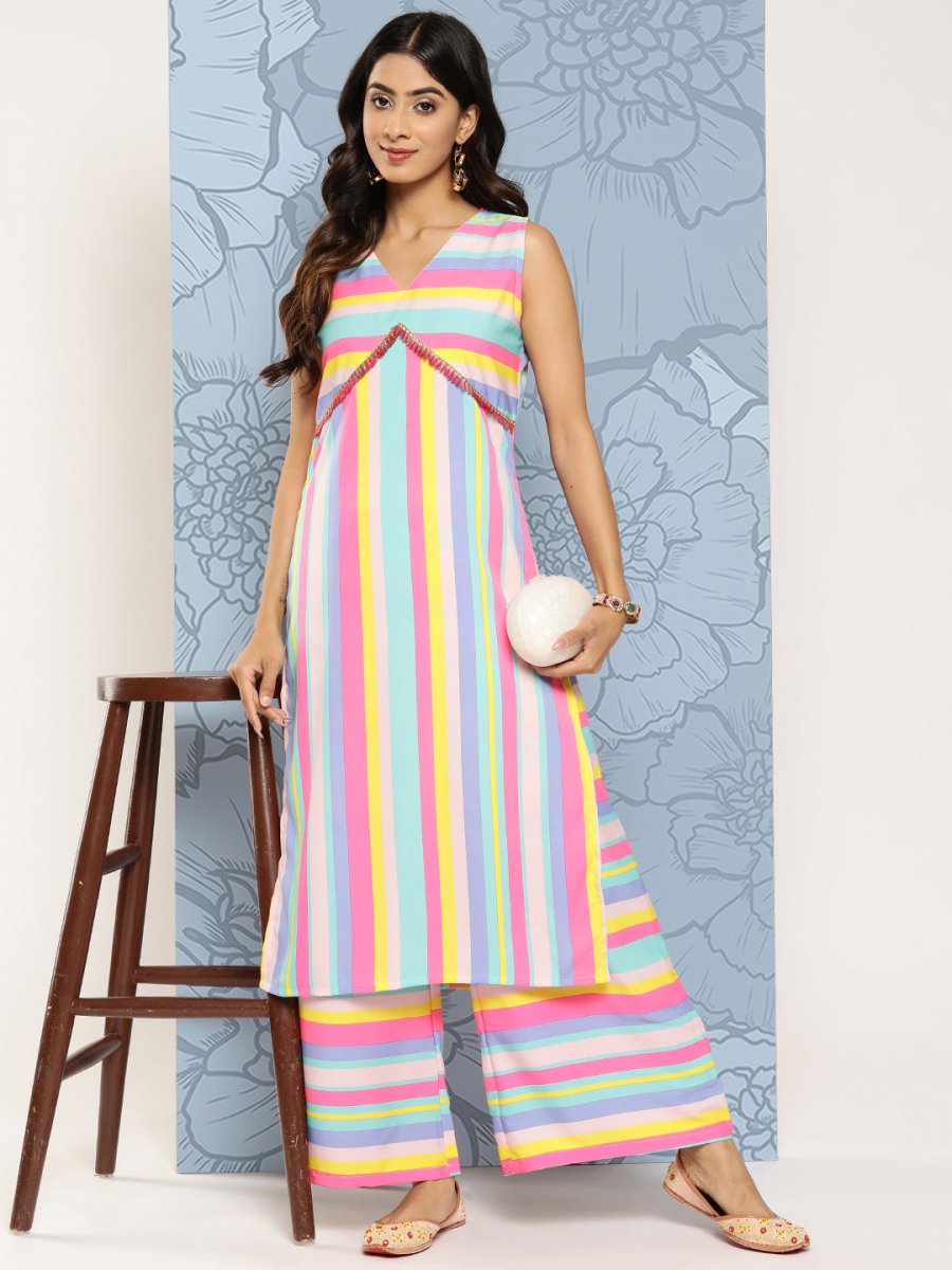 Ahalyaa Striped Empire Gotta Patti Kurta With Palazzos - Distacart