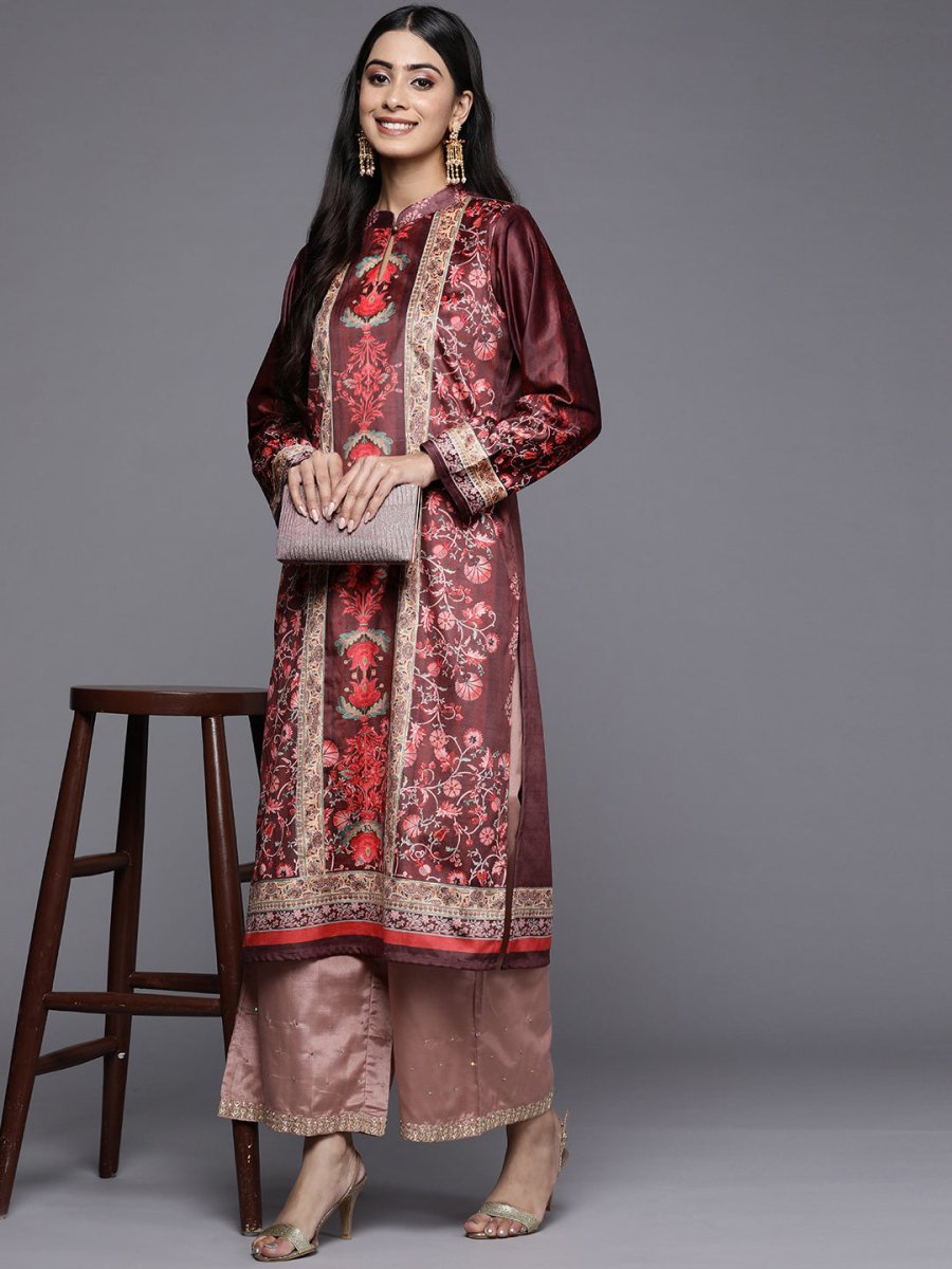 Ahalyaa Women Burgundy & Golden Floral Printed Gotta Patti Floral Velvet Kurta - Distacart