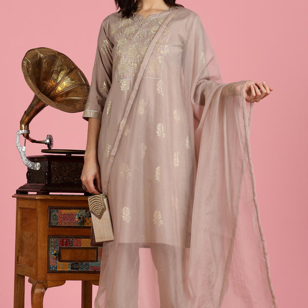 BulBul Women’s Mocha Mousse Embroidered Kurta Set with Dupatta