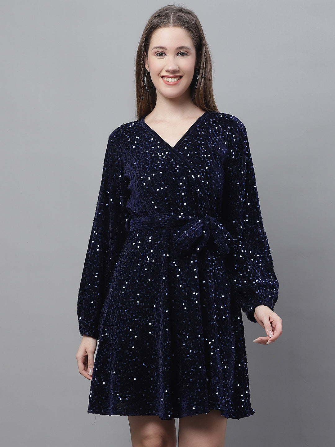 Jainish Women's WoSequin Velvet A-line dress - Navy Blue - Distacart