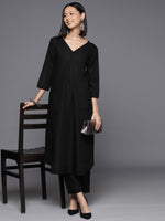 Thumbnail for Varanga Women Black Solid A-Line Kurta Paired With Tonal Bottom - Distacart