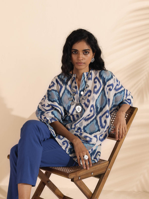 trueBrowns Blue Cotton Ikat Kaftan Co-ord Set - Distacart