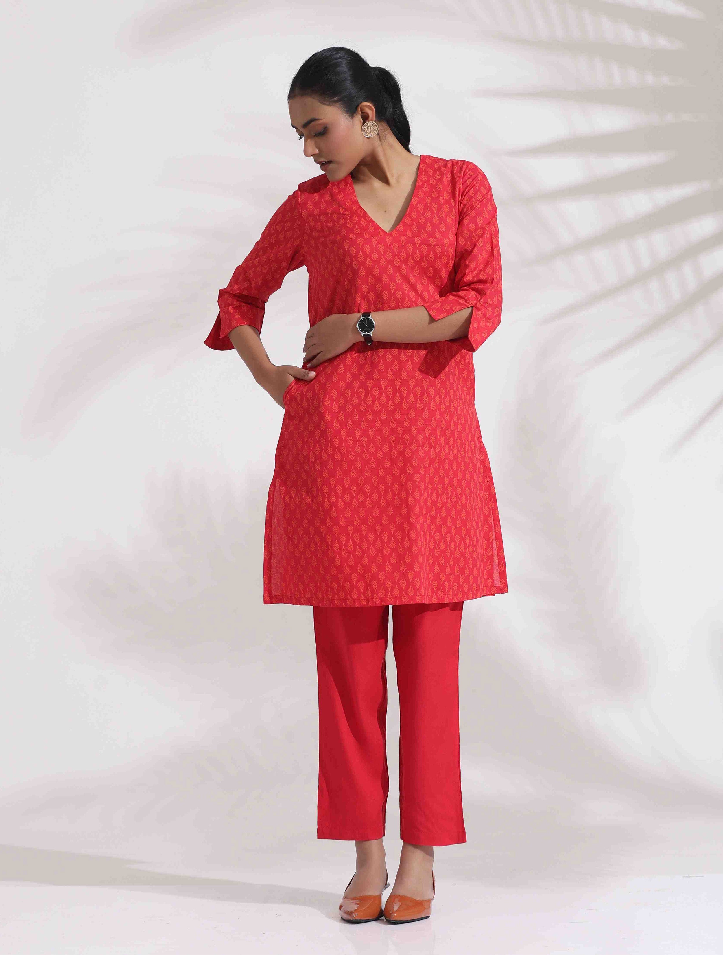 trueBrowns Red Cotton Print Kurta Co-ord Set - Distacart