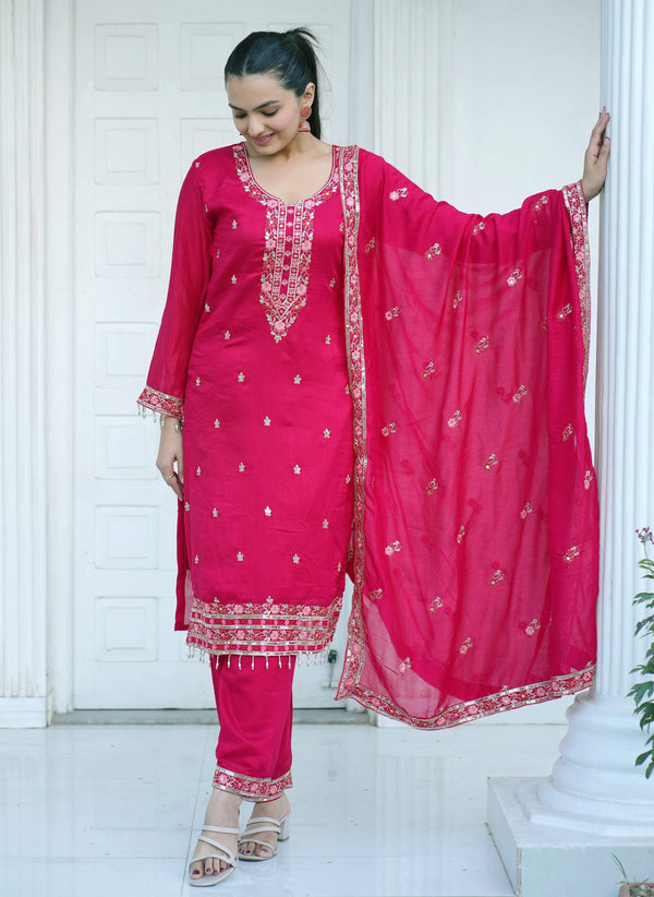 Yash Enterprise Pink Vichitra Silk Party Wear Embroidery Suit Set