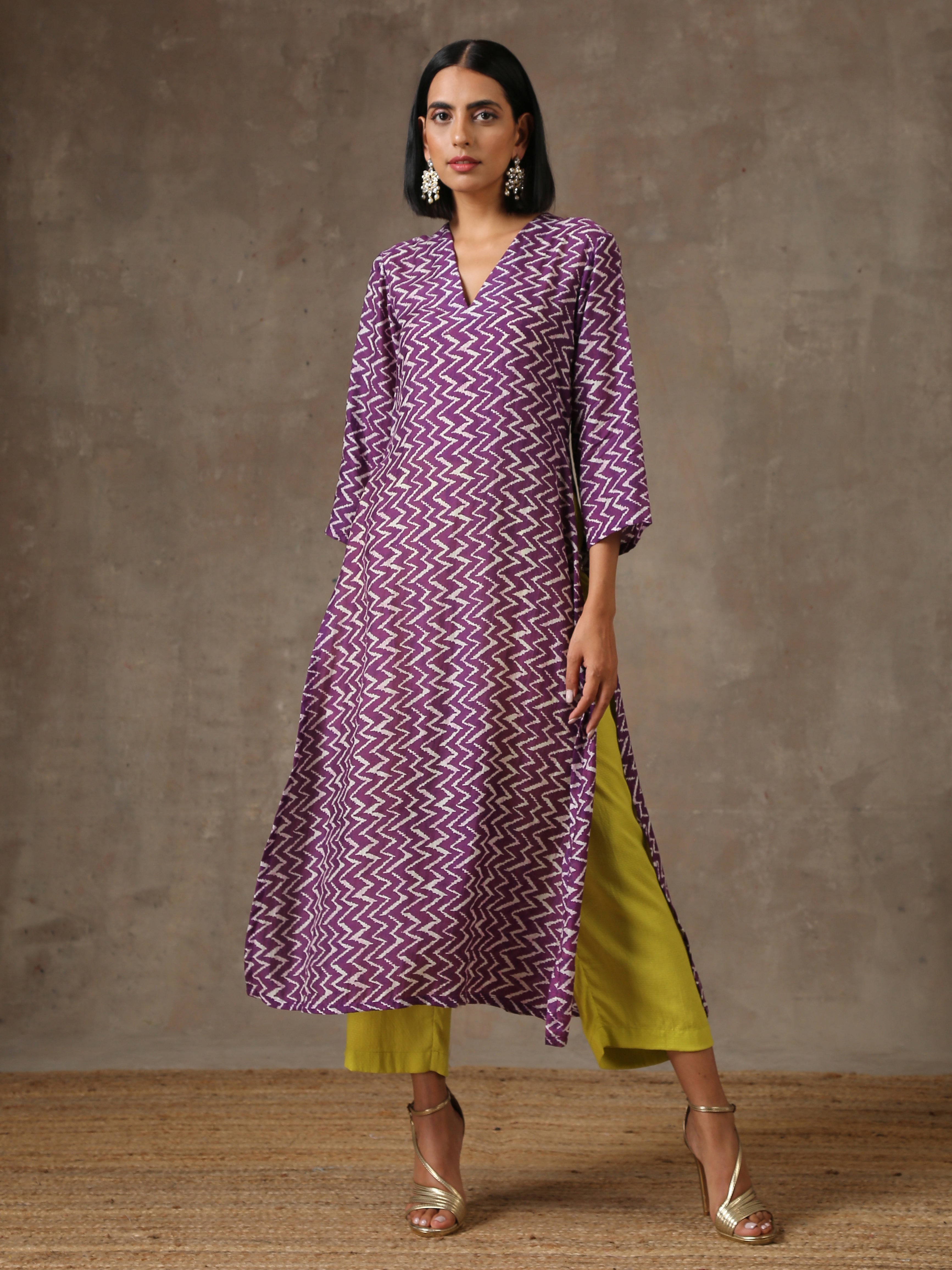trueBrowns Purple White Lehariya Printed Silk kurta Pant Set - Distacart