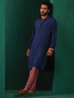 Thumbnail for trueBrowns Men's Blue Silk Long Kurta - Distacart
