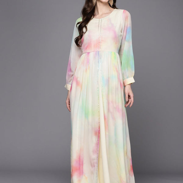 Ahalyaa Abstract Printed Gotta Patti Puff Sleeves Chiffon Maxi Ethnic Dress - Distacart
