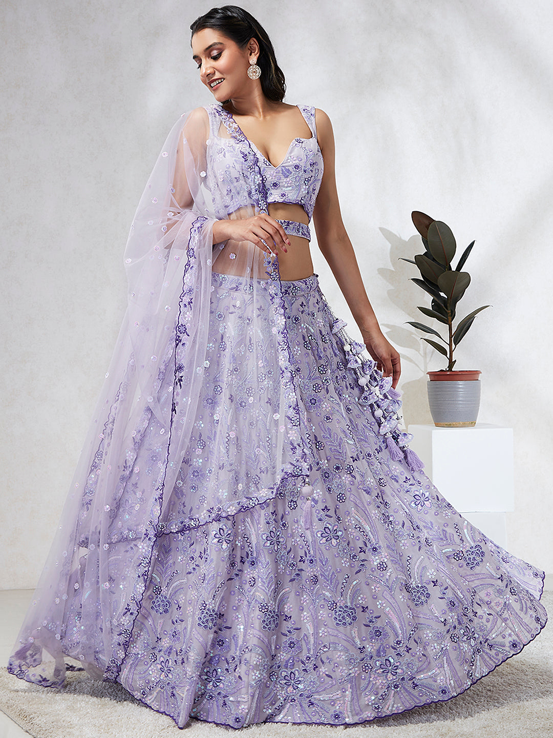 House of Panchhi Lavender Georgette Sequins And Thread Embroidery Lehenga Choli & Dupatta - Distacart