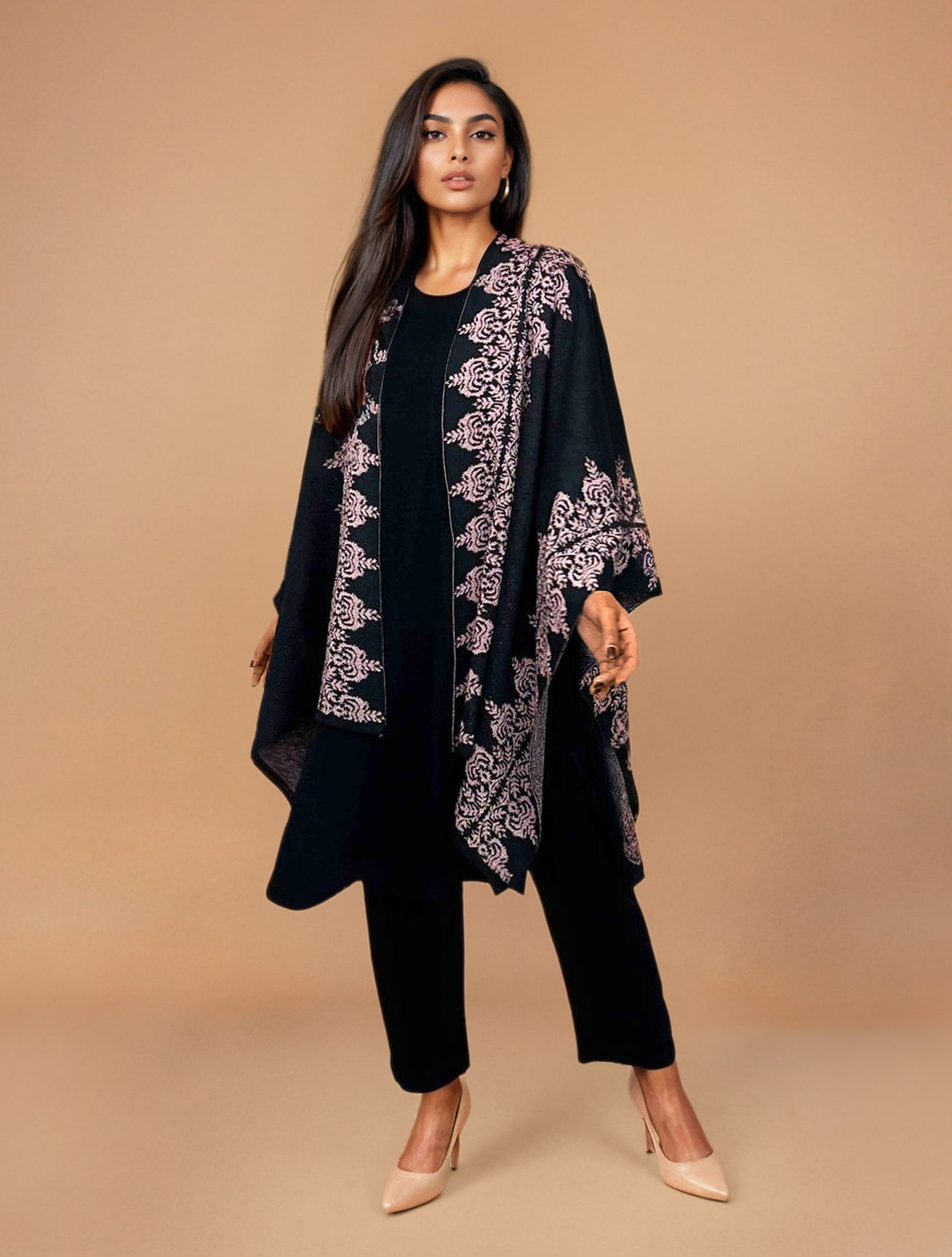 trueBrowns Black Woollen Pink Jacquard Kaftan Cape - Distacart