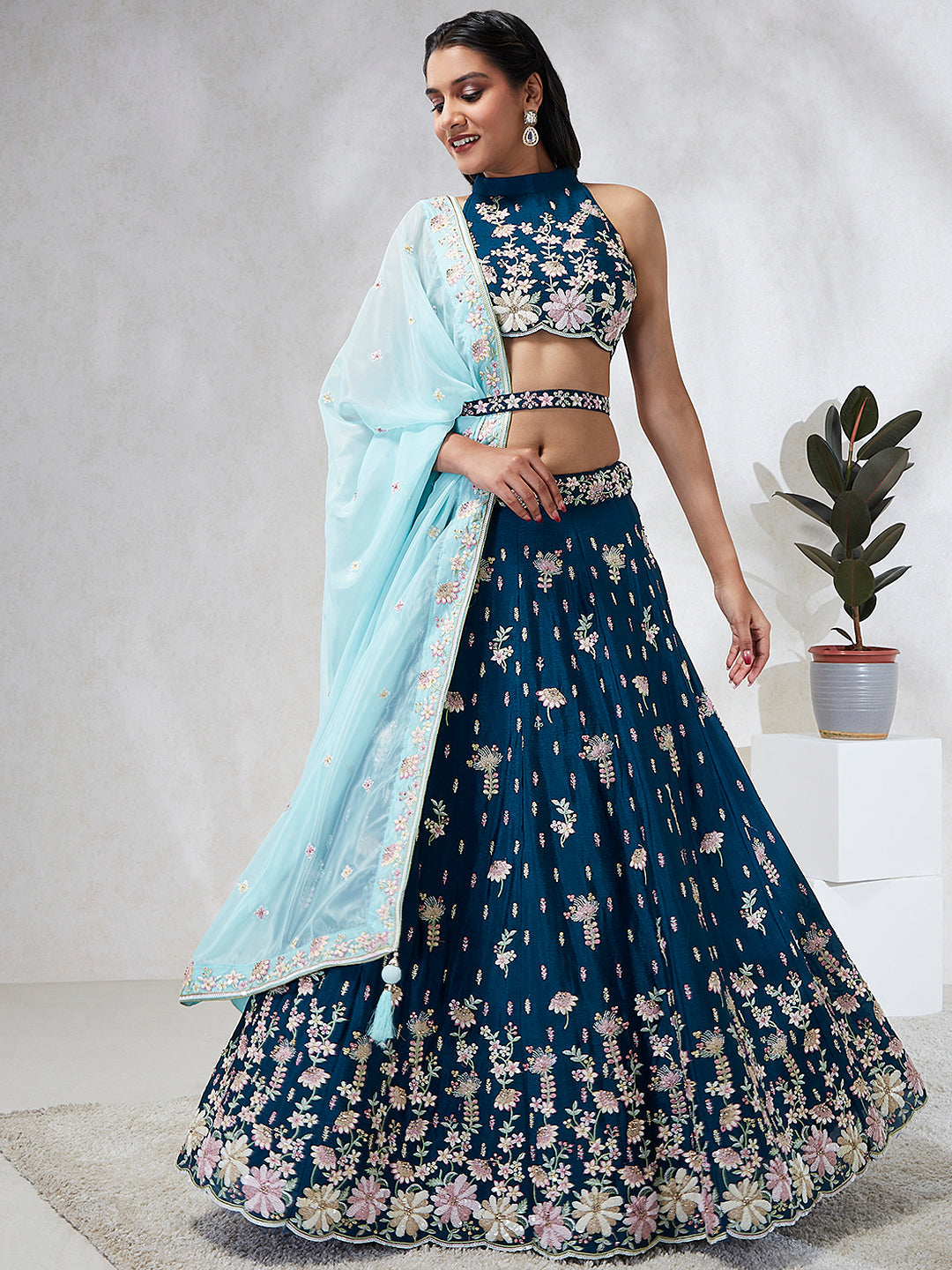 House of Panchhi Teal Pure Georgette Sequins And Thread Embroidery Lehenga Choli & Dupatta - Distacart