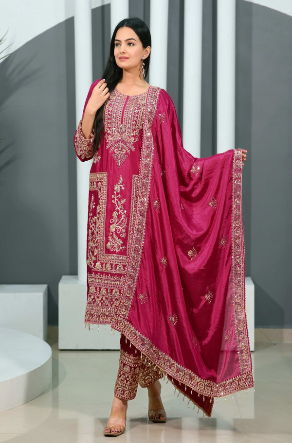 Teeya Creation Rani Color Chinon Silk Heavy Embroidery Work Fully Stitched Salwar Suit - Distacart