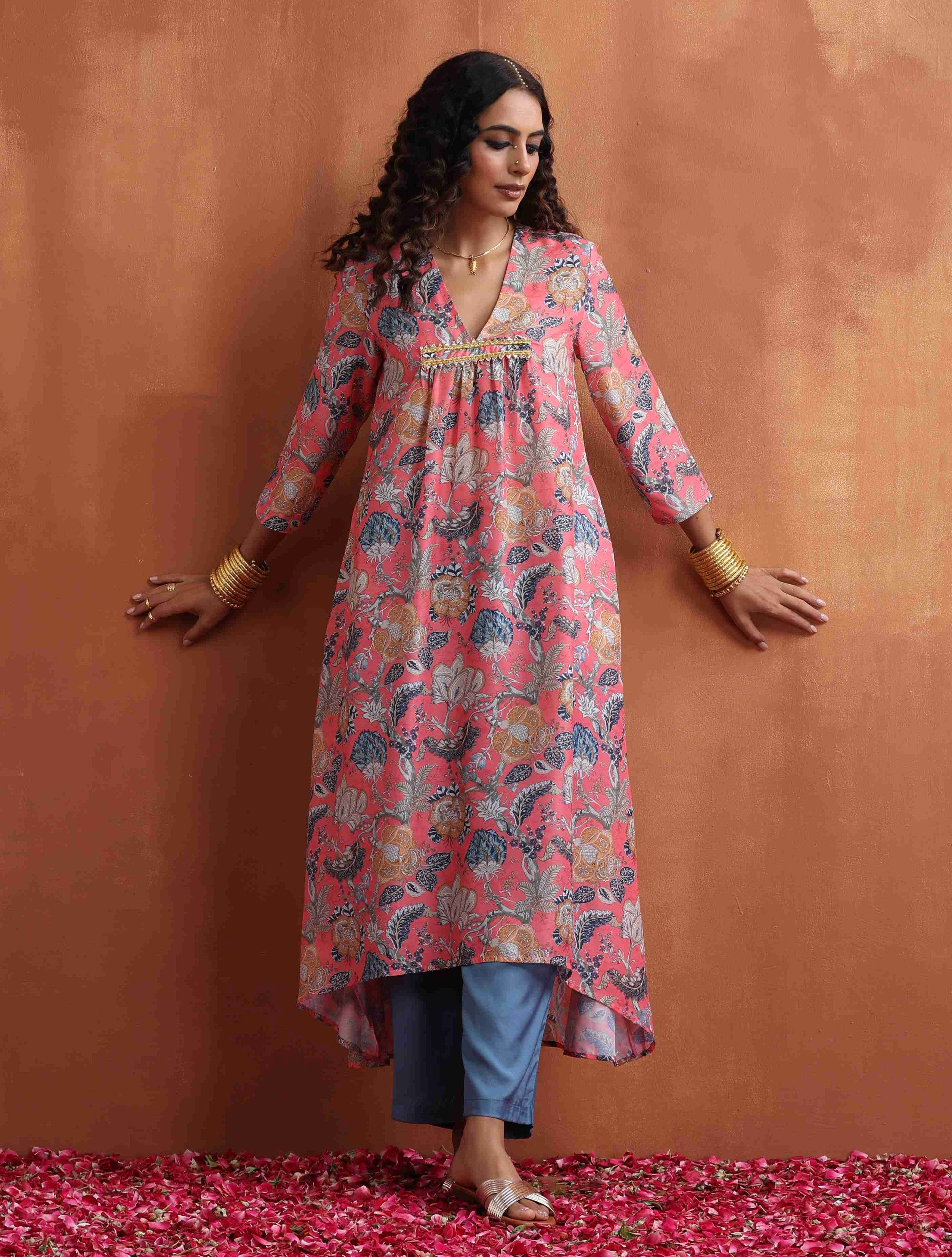 trueBrowns Orange Print A-line Kurta Set - Distacart