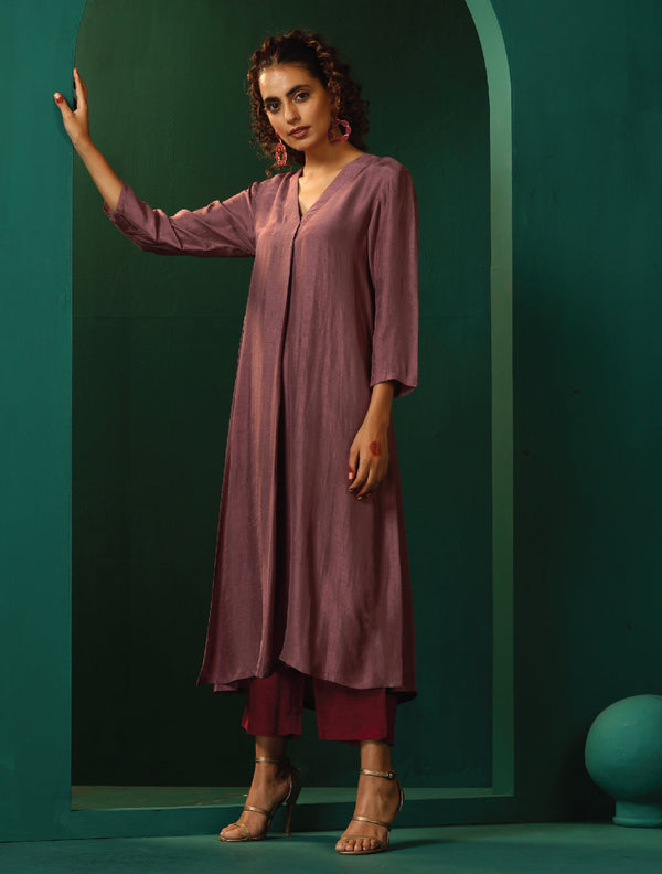 trueBrowns Light Mauve Silk Front Pleat Kurta Pant Set - Distacart