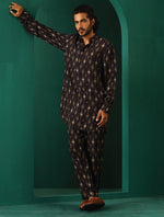 Thumbnail for trueBrowns Men's Black Tonal Ikat Muslin Silk Printed Co-ord Set - Distacart