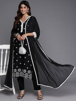 Thumbnail for Varanga Women Black Thread Embroidered Straight Kurta With Bottom And Dupatta - Distacart