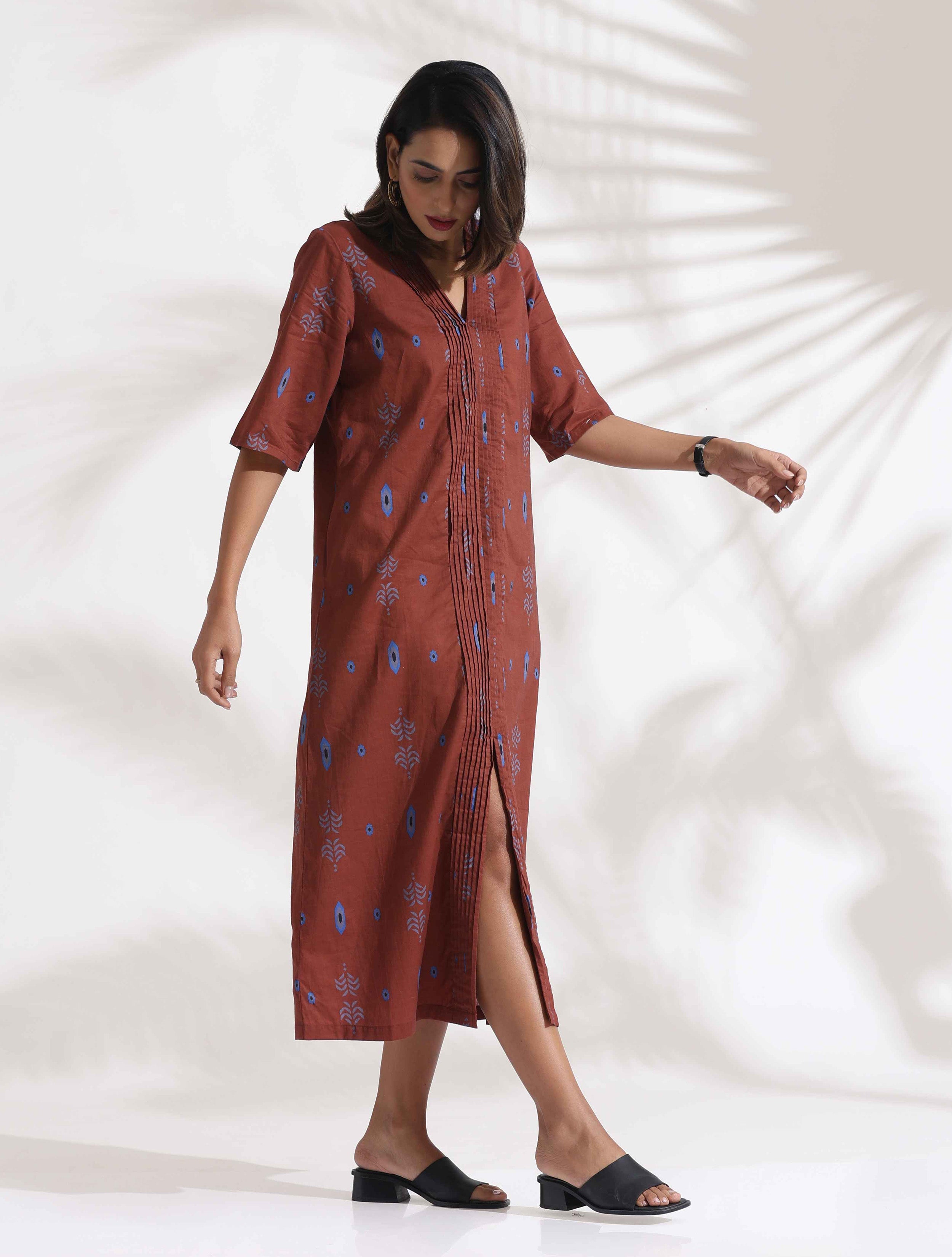 trueBrowns Brown Cotton Print pleated Dress - Distacart