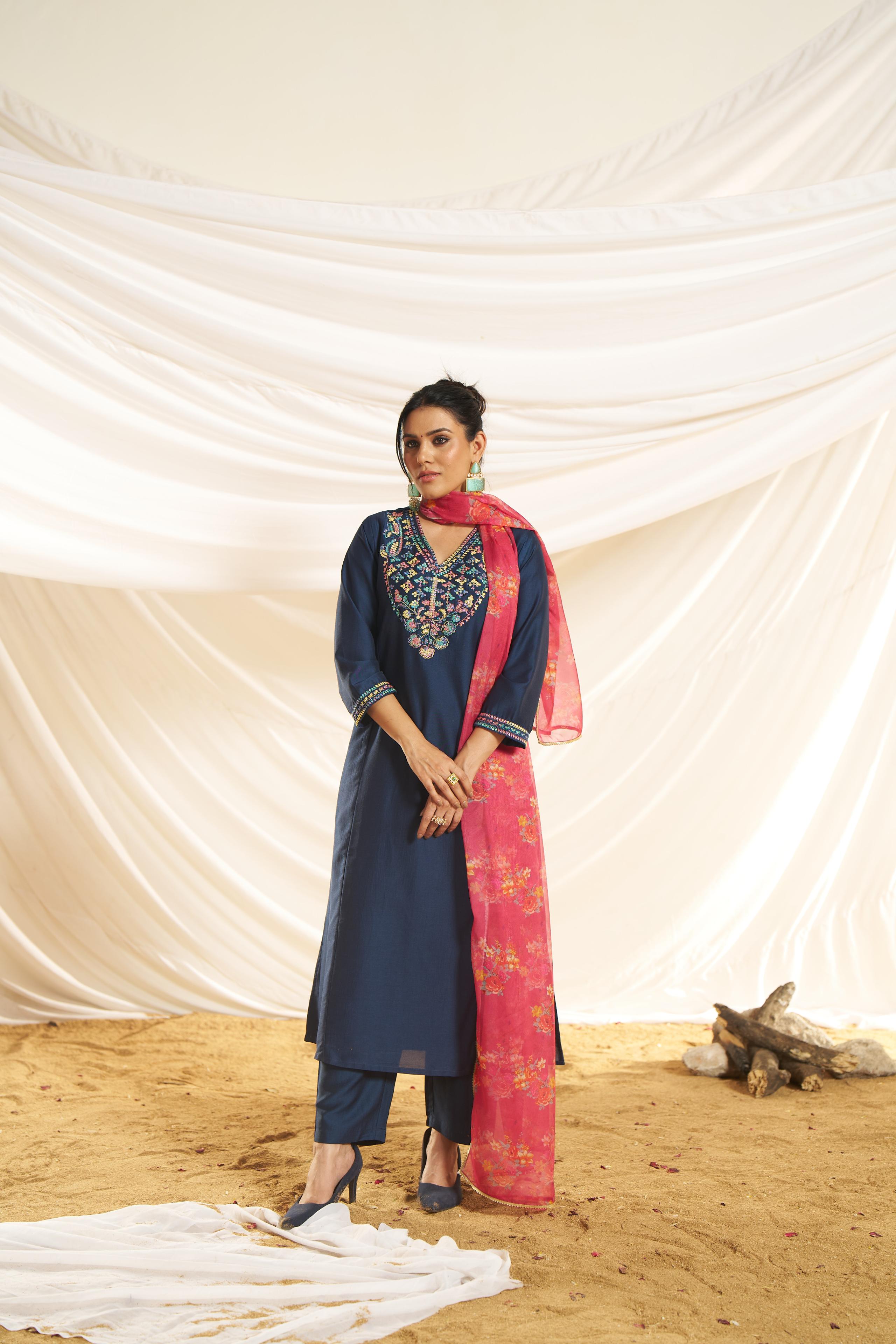 BulBul Women Navy Embellished Premium Silk Straight Suit With Dupatta