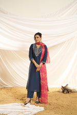 Thumbnail for BulBul Women Navy Embellished Premium Silk Straight Suit With Dupatta