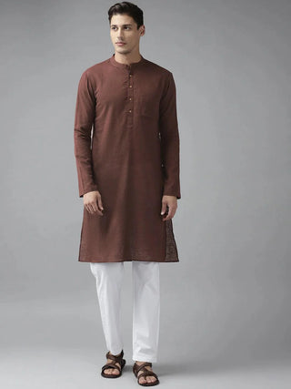 Fabmade Men Brown Cotton Linen Kurta Pyjama