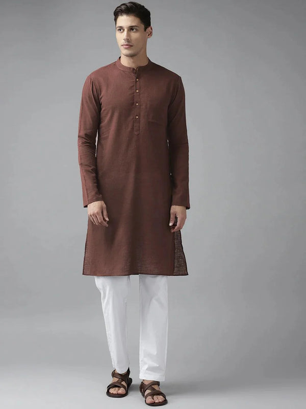 Fabmade Men Brown Cotton Linen Kurta Pyjama