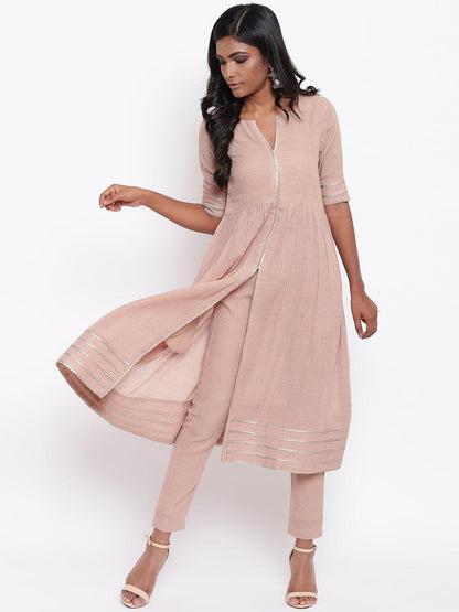 trueBrowns Pure Cotton Beige Gota Slit Kurta Set - Distacart