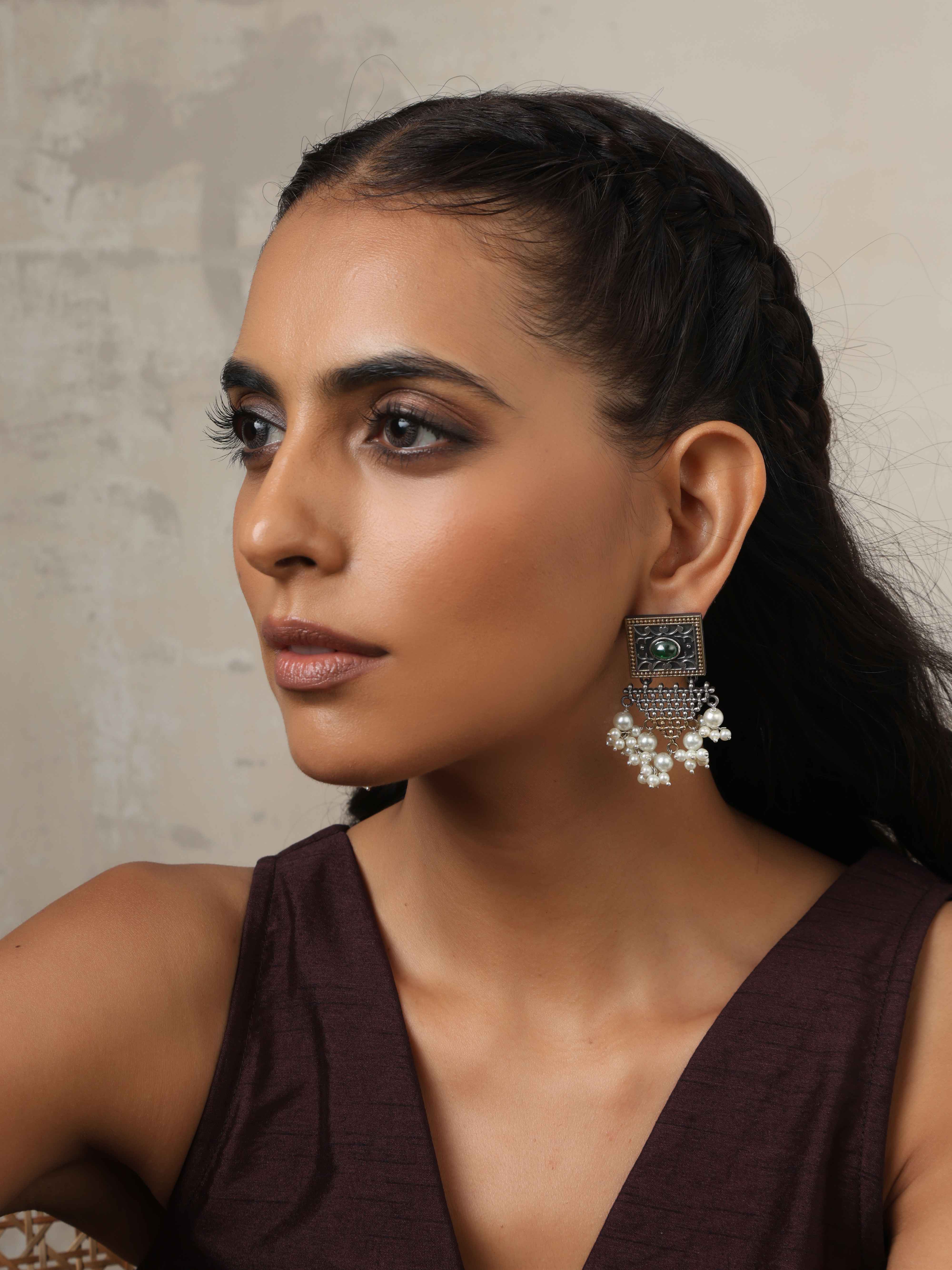 trueBrowns Silver Gold Tone Floral Silver Jaal Dangle Earrings - Distacart