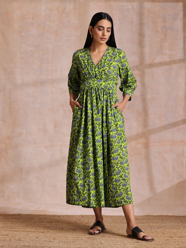 trueBrowns Lime Green Overall Blue Floral Block Print Cotton Wrap Dress - Distacart