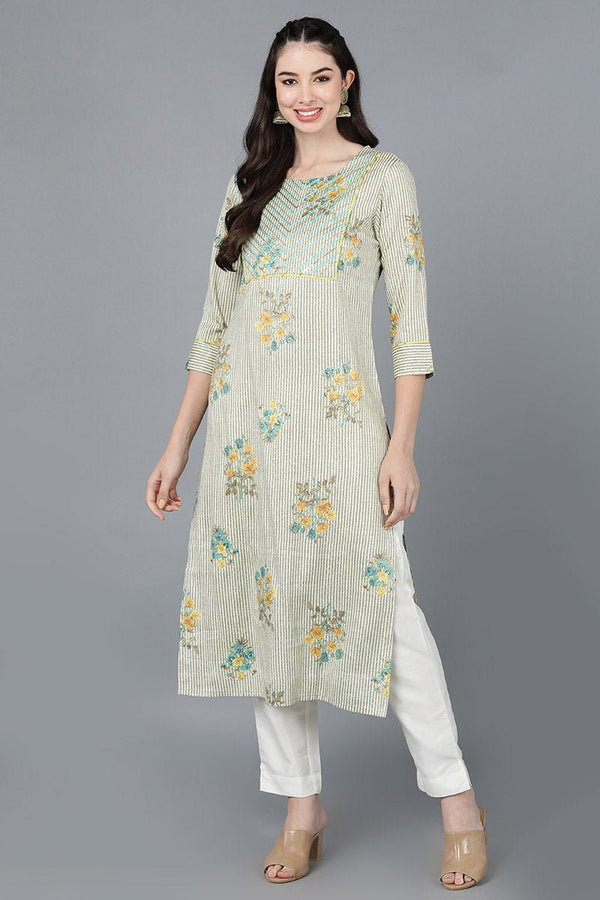 Ahika Green Cotton Straight Kurta