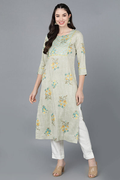 Ahika Green Cotton Straight Kurta