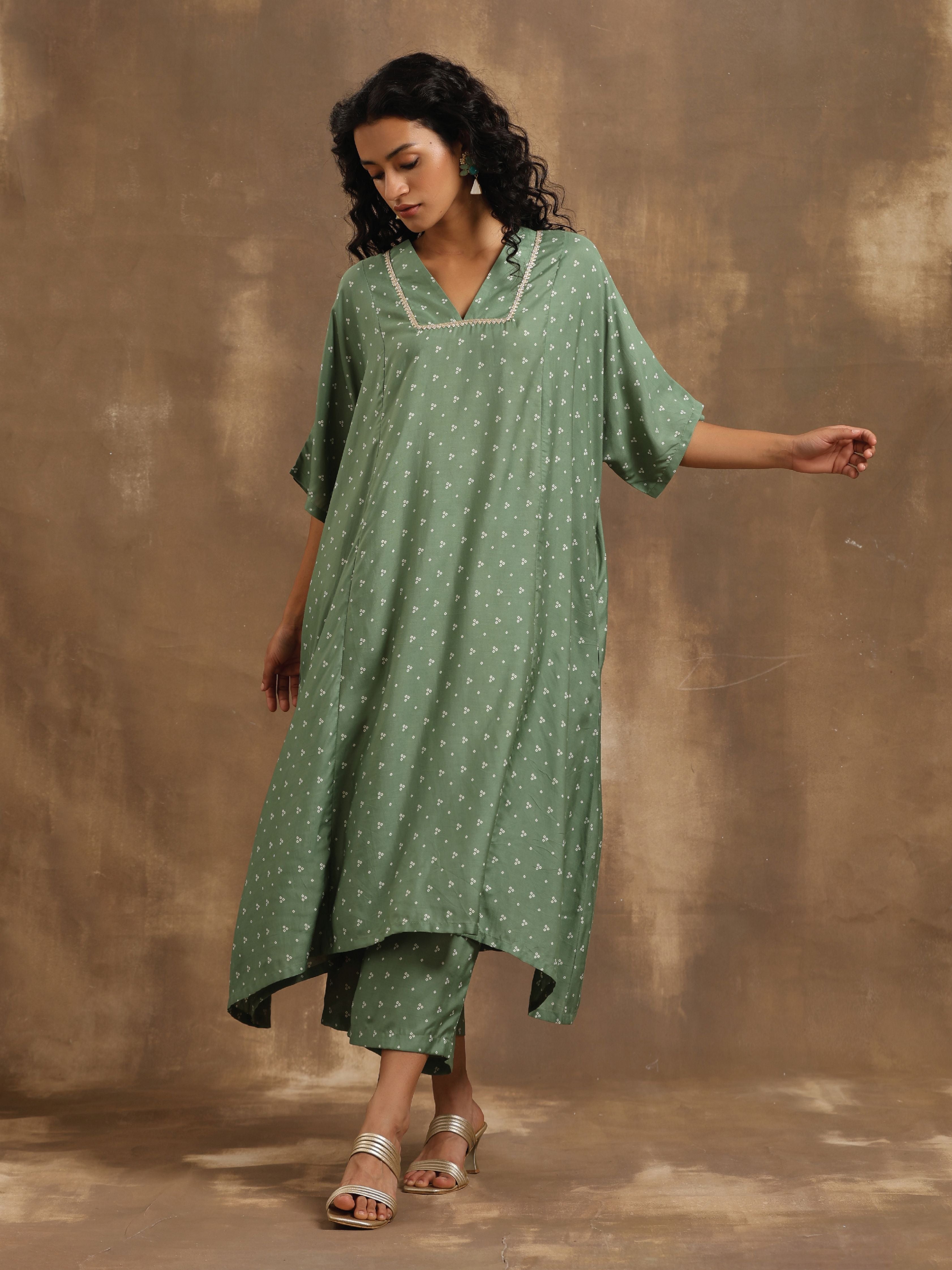 trueBrowns Light Green Bandhani Printed Silk Oversized Kurta Pant Set - Distacart