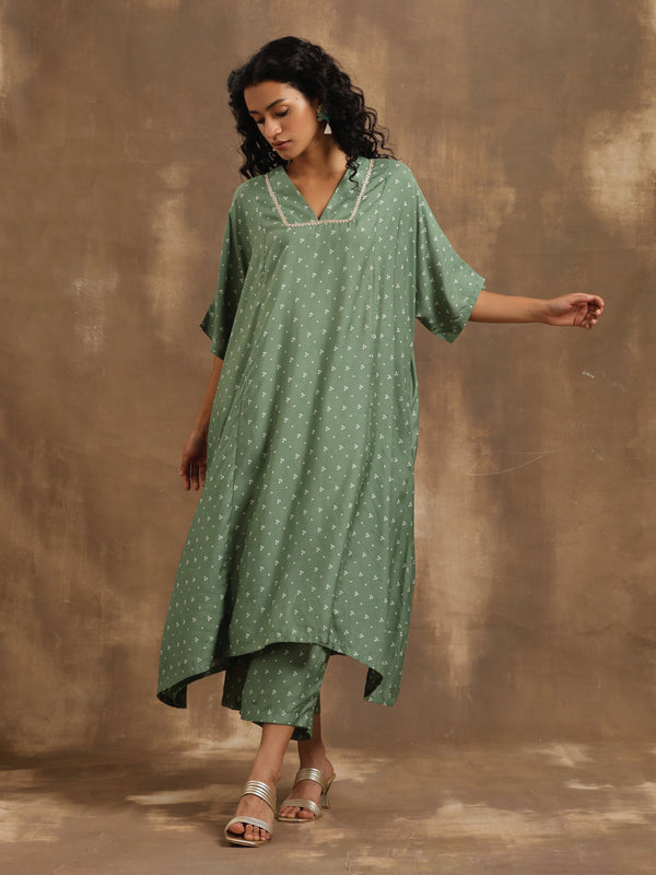 trueBrowns Light Green Bandhani Printed Silk Oversized Kurta Pant Set - Distacart